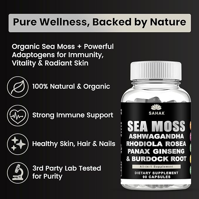 Sea Moss Capsules - Organic Irish Sea Moss with Ashwagandha, Rhodiola Rosea, Panax Ginseng, Burdock Root | Lab Tested | Immune Support, Energy, Cognition,for Women and Men - 90 Raw sea Moss Capsules