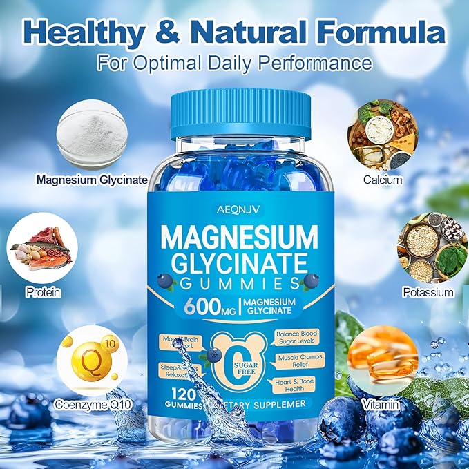 Magnesium Glycinate Gummies 600mg, Chewable Sugar Free Potassium Magnesium Gummies for Sleep, Body Support and Relaxation, Magnesium Supplements with Vitamin D, B6, and CoQ10 for Men & Women
