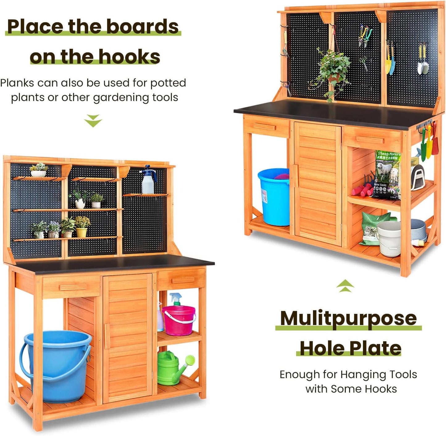 Outdoor Garden Potting Bench, Horticultural Wooden Workstation Table with Storage Drawer, Cabinet, Metal Pegboard, Adjustable Hooks and Shelves for Backyard, Patio, Greenhouse