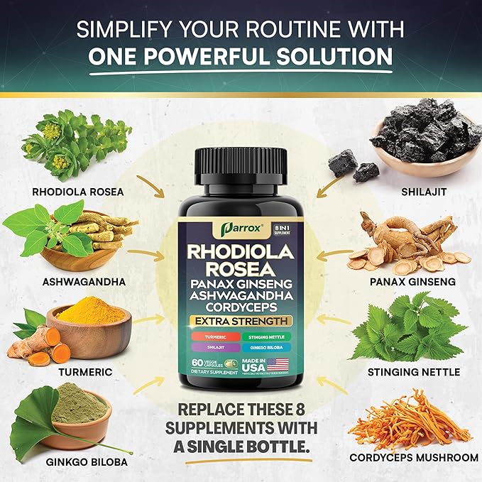 Rhodiola Rosea Panax Ginseng Ashwagandha Cordyceps Mushroom Turmeric Ginkgo Biloba Stinging Nettle Adaptogen Blend Supplement Capsules for Daily Wellness Support (3 Pack)