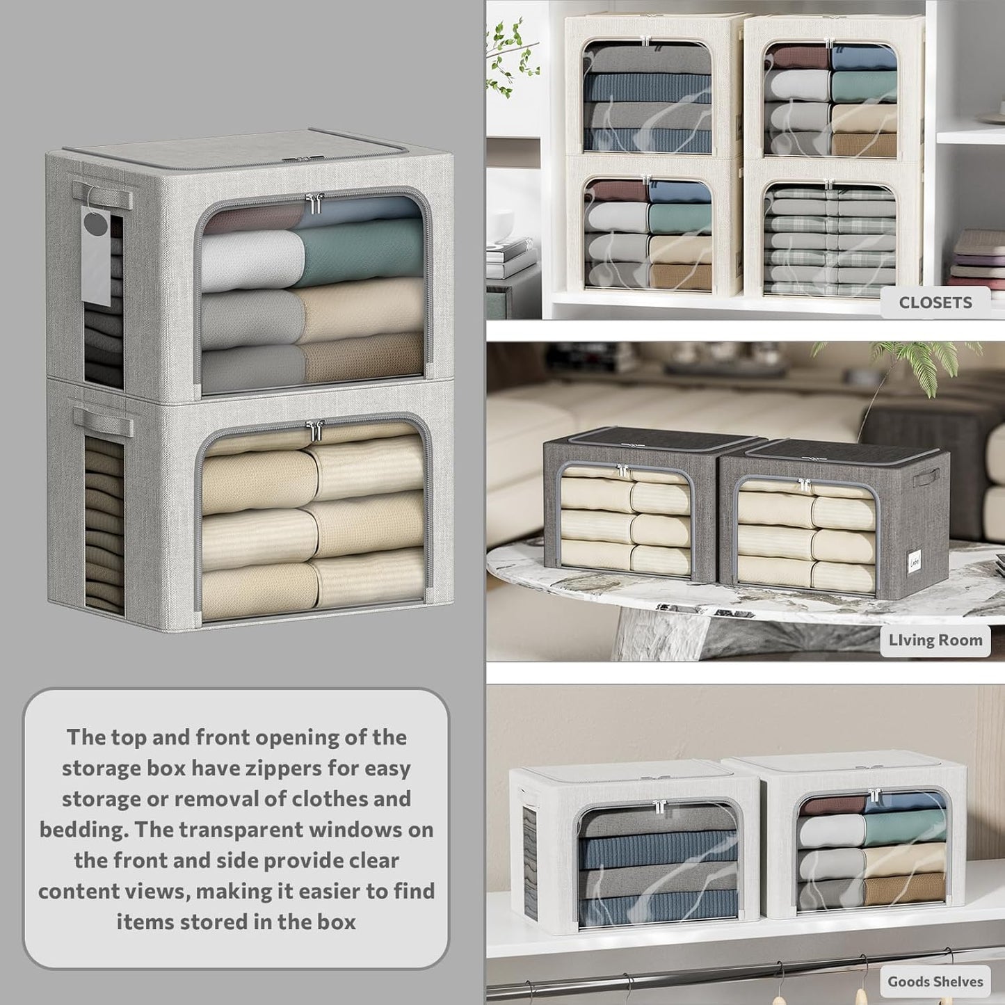 4 Pack Clothes Storage Bins with Metal Frame - 36L Stackable Storage Box with Lid，Foldable Storage Container Organizer for Clothes，Linen Fabric Storage Box with Clear Window＆Zippers＆Handles