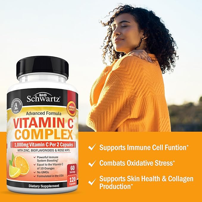 BioSchwartz Vitamin C Complex Supplement - Vitamin C 1000mg Capsules with Rose HIPS Zinc and Citrus Bioflavonoids for Immune Health, Cellular Energy, Collagen Production, 120 Count (60 Day Supply)