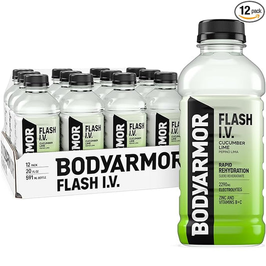 BODYARMOR Flash I.V. Electrolyte Beverage, Cucumber Lime, Hydration Drink with Coconut Water For Rapid Rehydration, Post Workout Recovery, 20 Fl Oz (Pack of 12)