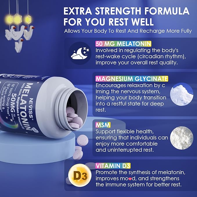 Melatonin 50 mg for Adults - Extra Strength 9-in-1 Fast Dissolve Sublingual - w/Vitamin D3 & MSM, Relaxing Herbal Blend-Ashwagandha, Lemon Balm, Passionflower,Chamomile,Sugar Free, Vegan 120 Servings