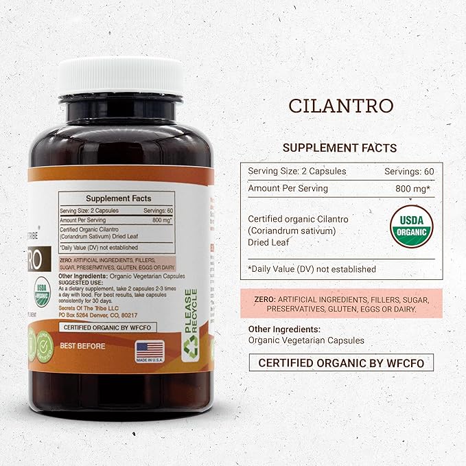 Secrets of the Tribe Cilantro USDA Organic Capsules | Certified Organic Vegetarian Capsules, Herbal Dietary Supplement | Coriandrum Sativum Dried Leaf (120 Count)