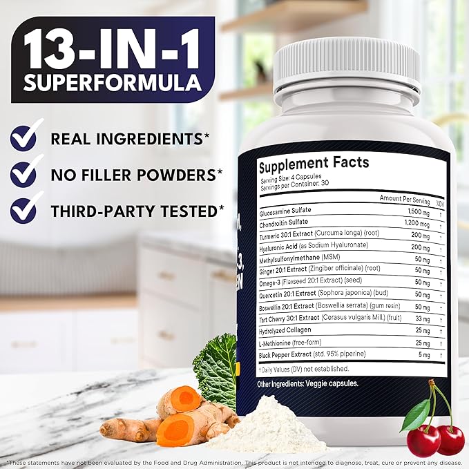 Glucosamine Chondroitin, MSM, Turmeric Curcumin, Collagen, Hyaluronic Acid, Omega 3 – Health Supplement for Men & Women – 240 Count