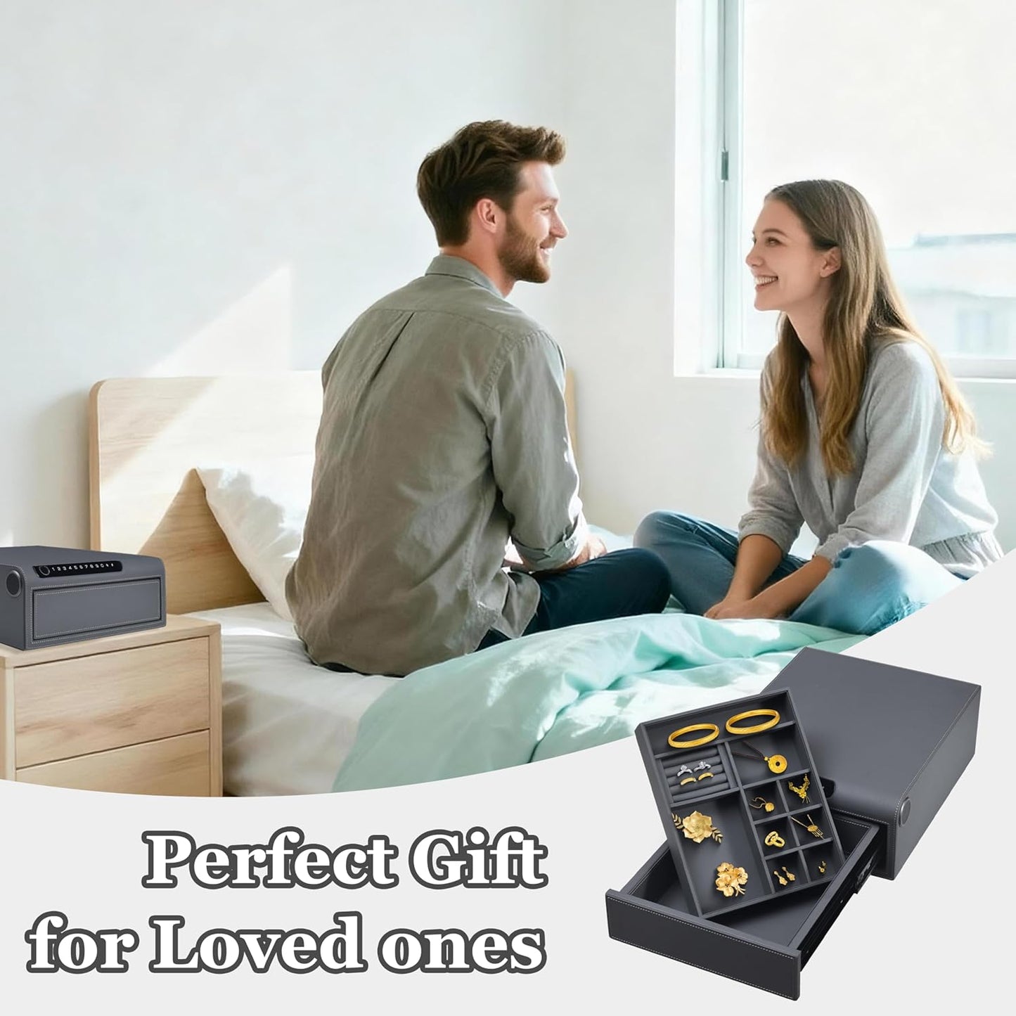 Jewelry Safe with Drawers，Biometric Fingerprint safe, Slide-Away Handgun Safe for Pistols, Leather Wrapped Jewelry Storage Safe, Digital Keypad & Quick-Access Drawer (Grey- 1 Drawer)