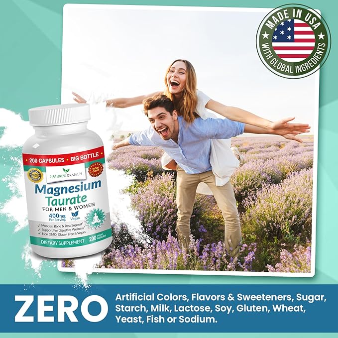 Magnesium Taurate 400mg - 200 Capsules - High Absorption for Sleep, Heart Health, Calm, Joint Supplement for Women and Men - Made in USA, Pure Elemental Mag Powder Plus Taurine - Extra Strength Pills