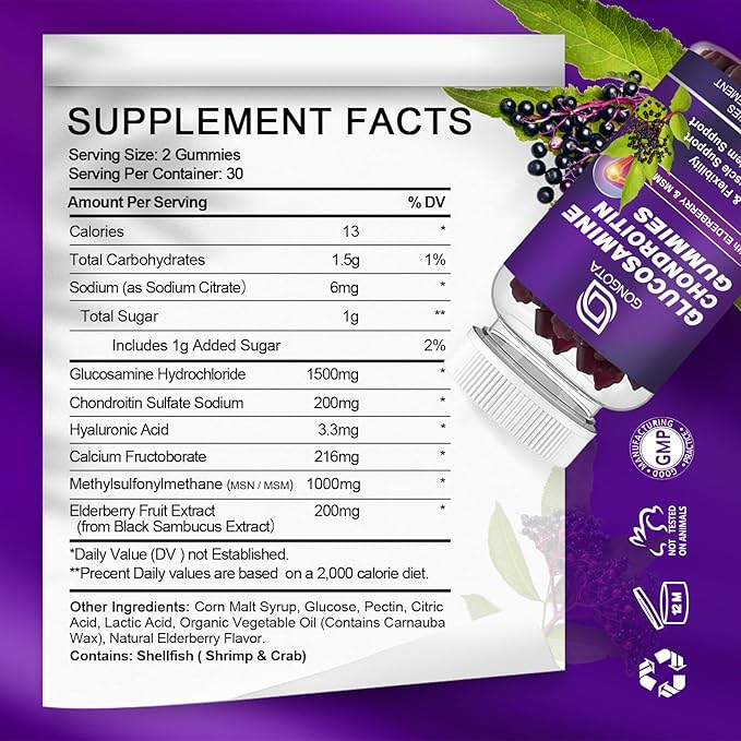 Glucosamine Chondroitin Gummies - 2- Pack, Extra Strength 1500mg Glucosamine with MSM & Elderberry, Flexibility Support, Best Cartilage & Immune Support Supplement for Men and Wome - 180 Gummies