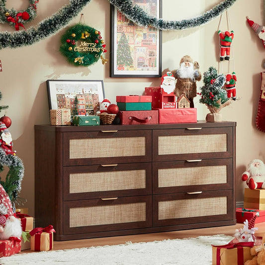 LEYAOYAO Rattan 6 Drawer Dresser for Bedroom, 54" Wide Boho Chest of Drawers, Wooden Dressers TV Stand with Metal Handle, Storage Closet Organizer for Living Room, Hallway, Walnut