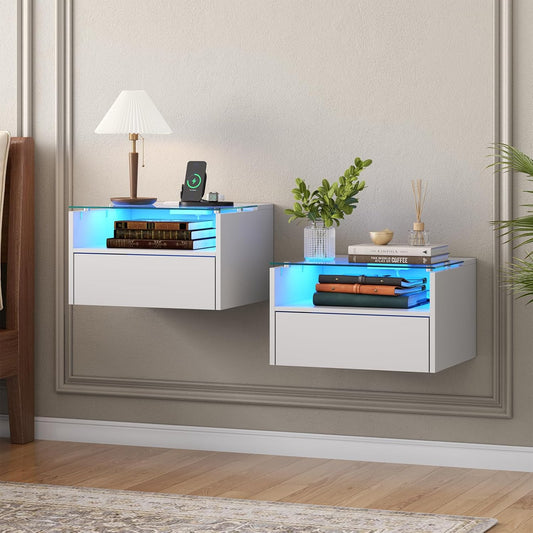 Loomie White Floating Nightstands Set of 2, 18.9” Bedside Table w/Charging Station and LED Light, Floating Shelf with Drawer, Wall Mounted Night Stand for Bedroom, Entryway Wall.