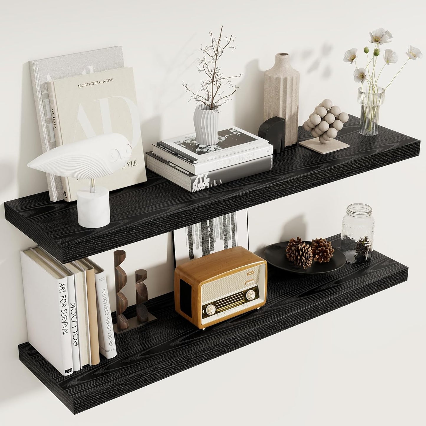 Fun Memories 40 Inch Floating Shelves Set of 2, 8 Inch Deep Wall Shelf, Rustic Wood Storage Shelves for Bedroom, Kitchen, Bathroom, Wall-Mounted Shelf with Invisible Brackets for Books|Storage Black