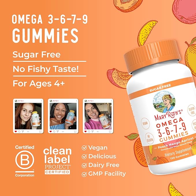MaryRuth Organics Vegan Omega 3 6 7 9 Gummies | Up to 4 Month Supply | Omega 3 Supplement with Flaxseed Oil | Omega 3 Gummies | No Fish Taste | Non-GMO | 120 Count