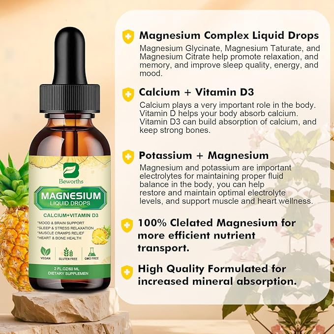 Magnesium Glycinate Complex, Magnesium Liquid Drop with Magnesium Citrate, Calcium, Potassium, Vitamin D3, Zinc - Magnesium Taurate Supplement for Bone, Energy, Muscle Support