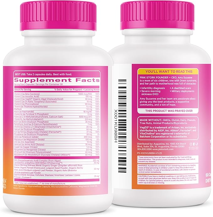 Pink Stork Premium Prenatal Vitamin for Women - Multivitamin & Probiotics - Morning Sickness, Digestion, & Energy - Folate, B6, & Iron - 60 Capsules - 2 Pack