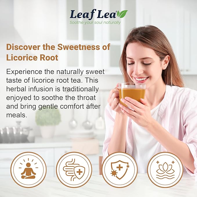 LeafLea 40 Premium Licorice Root Tea Bags, 100% Pure Licorice Spice Tea, Herbal Infusion to Digestive Comfort & Promote Respiratory Health, Te De Regaliz, Caffeine-Free, Sugar-Free, Soothing Flavor