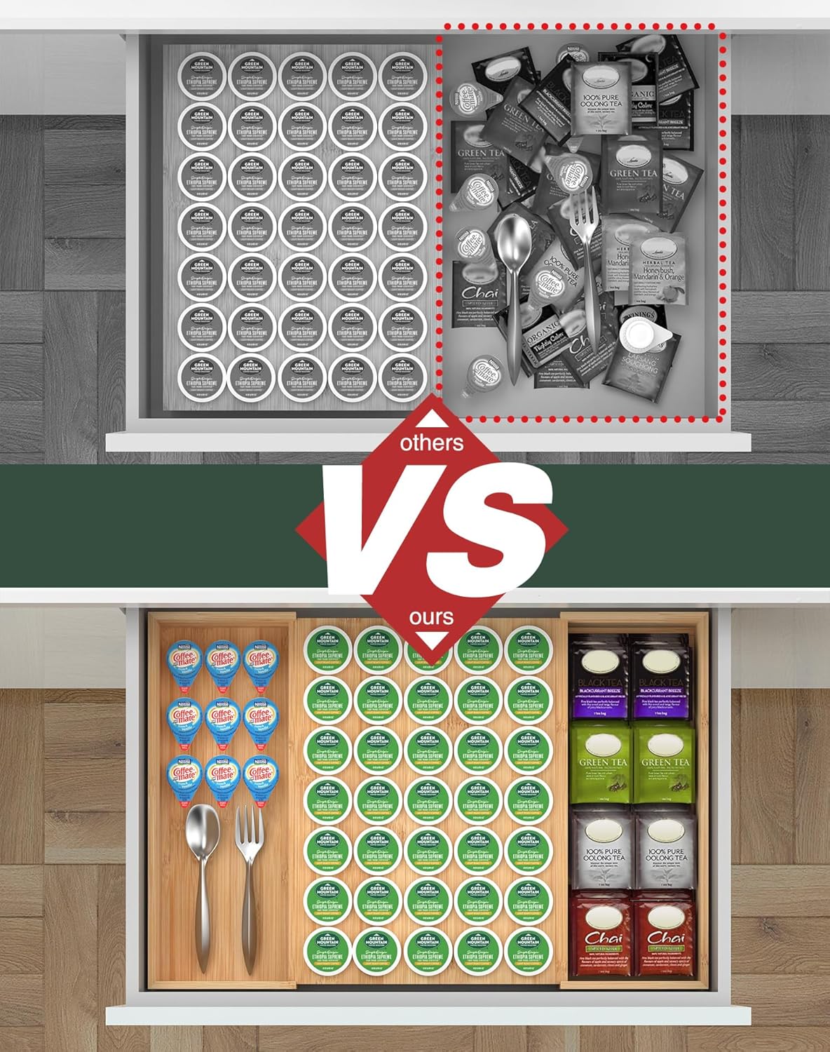 Larger Expandable Bamboo Coffee Pod Holder for Counter Drawer Display, 35 Pod Capacity, K-Cup Pods - Tea Bags Storage Organizer Holder (Bamboo)