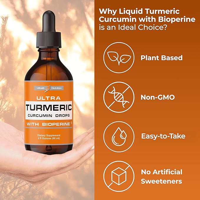 Liquid Turmeric Curcumin Extract with Black Pepper - Turmeric Drops with Bioperine - Easy-to-Take Supplements Made in USA (60ml)
