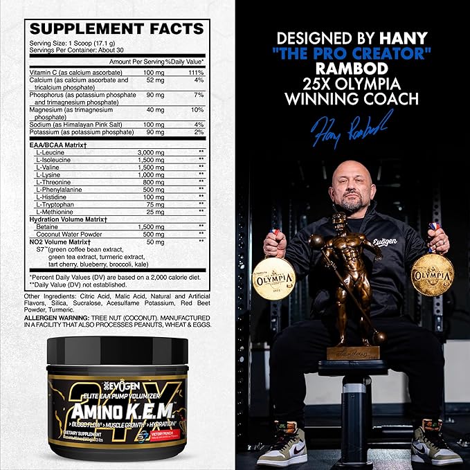 Evogen Amino K.E.M. - EAA & BCAA Powder Pump Volumizer | BCAAs Amino Acids Supplement for Blood Flow, Muscle Growth, & Hydration | Victory Punch | 30 Servings