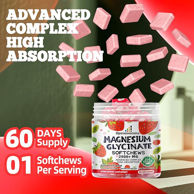 Magnesium Glycinate Soft Chews, Strawberry Flavor.Chewable Sugar Free Potassium Magnesium Chews with Magnesium Glycinate, Vitamin D, B6, and CoQ10 for Calm Support & Sleep for Adults, 60 Days Supply