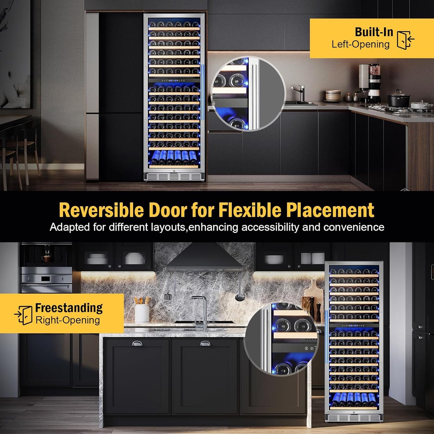 Wine Cooler Refrigerator 24 Inch, 180 Bottles Large Wine Fridge Dual Zones, Tall Freestanding/Built-in Wine Cellar Professional with Reversible Door Sliding Rail Shelves