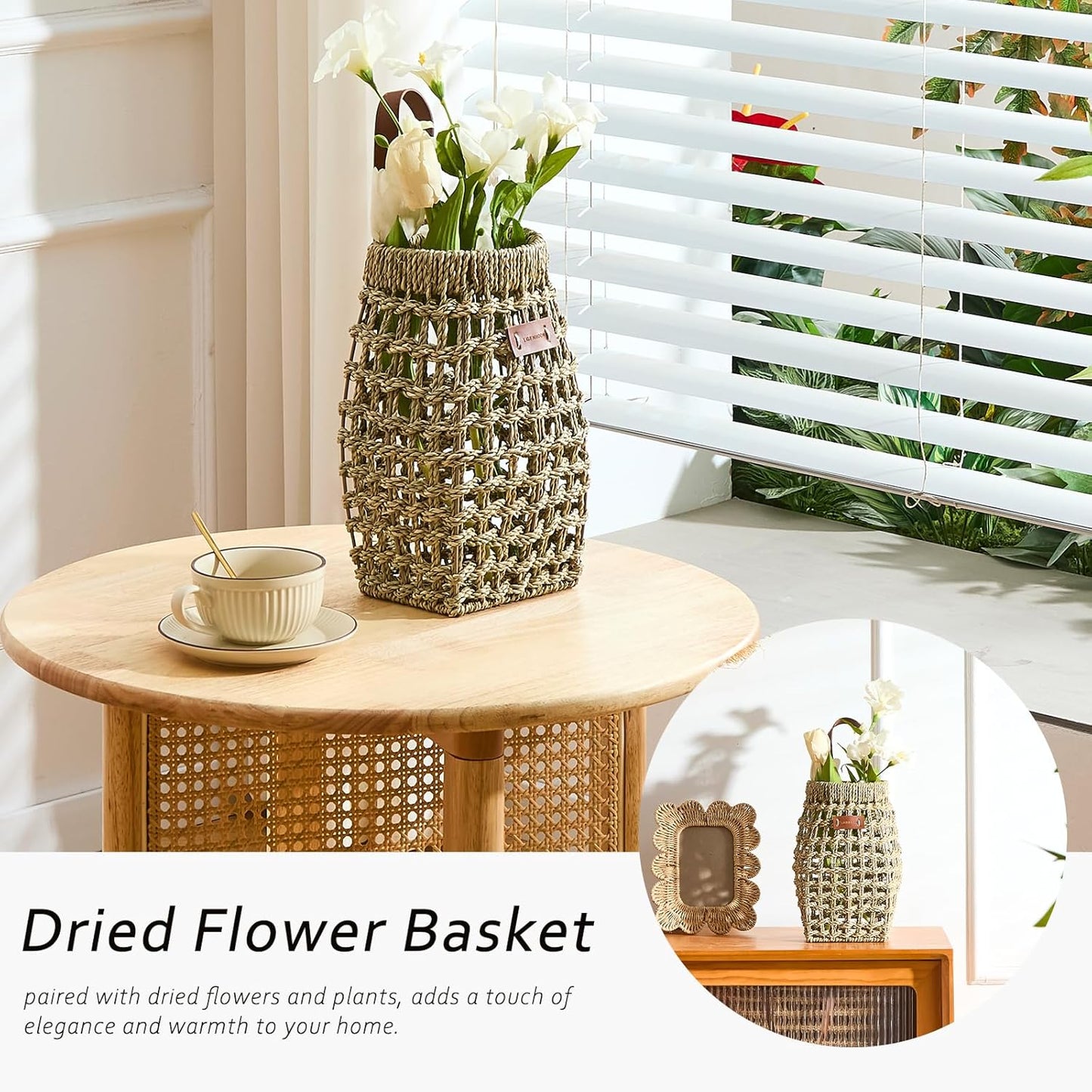 Woven Front Door Basket Water Hyacinth Wall Hanging Basket Decorative Boho Mounted Organizer for Dried Flower Plants Storage Basket for Garden, Home, and Farmhouse Décor (C_Seagrass)