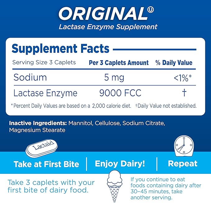 Lactaid Original Strength Lactose Intolerance Pills, 9000 FCC Natural Lactase Enzyme Dairy Relief Caplets, Helps Prevent Gas, Bloating & Diarrhea Due to Lactose Sensitivity in Adults & Kids, 120 Count