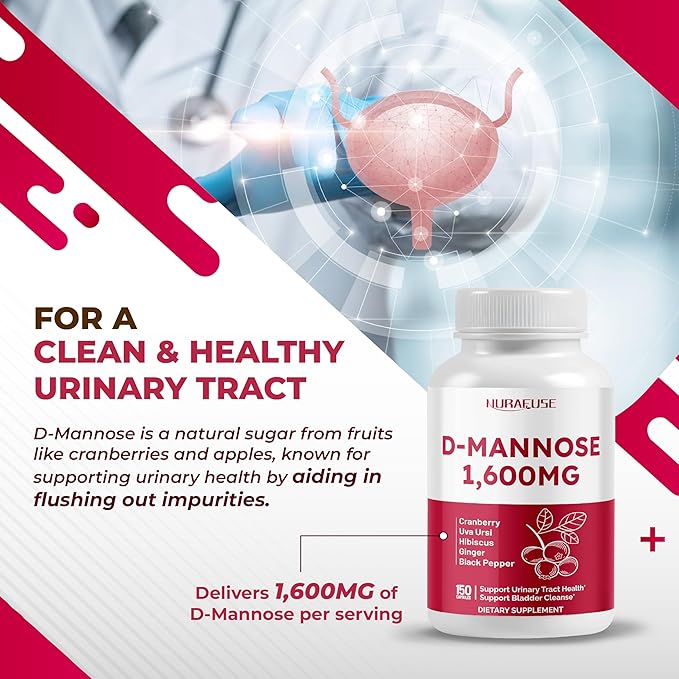 D-Mannose with Cranberry, Uva Ursi, Hibiscus, Ginger, Black Pepper - Supports Urinary Tract Health, Bladder Cleanse - Made and Tested in The USA