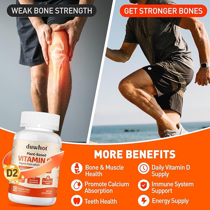 Vitamin D2 Gummies 2000 IU, Plant-Based D2 Vitamin Ergocalciferol Supplement from Whole Mushroom, Bone, Muscle, Teeth & Immune Support, Daily Sunshine Supply, Vegan, Non-GMO, Orange, 60