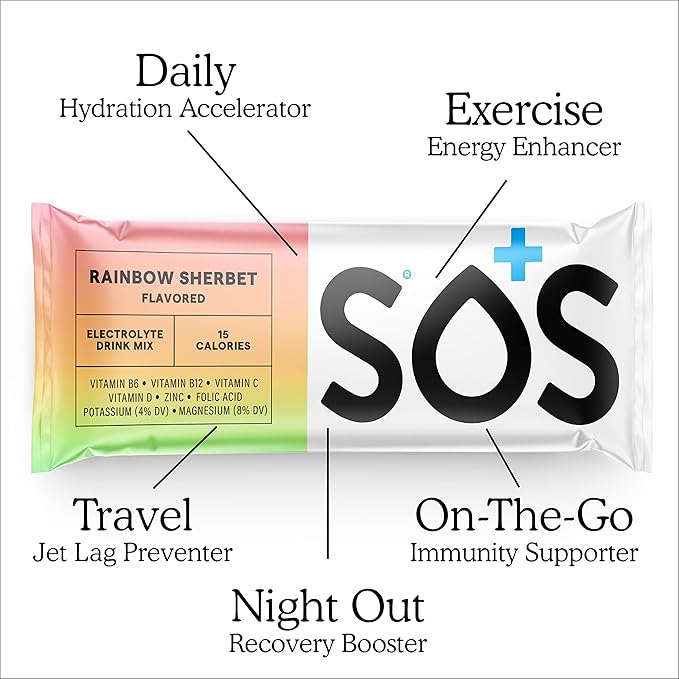 SOS Hydration Electrolyte Powder 8 Stick Packs – Low-Calorie, Rapid Rehydration, Made in USA, Keto (8 Servings, Rainbow Sherbert)