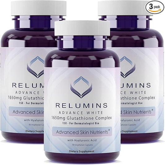 Relumins 1650mg L-Glutathione Complex with Hyaluronic Acid, Alpha Lipoic Acid, Rose HIPS, Vitamin E & Riboflavin – Antioxidant Support, Skin Hydration & Wellness – 90 Veggie Capsules x 3 Bottles