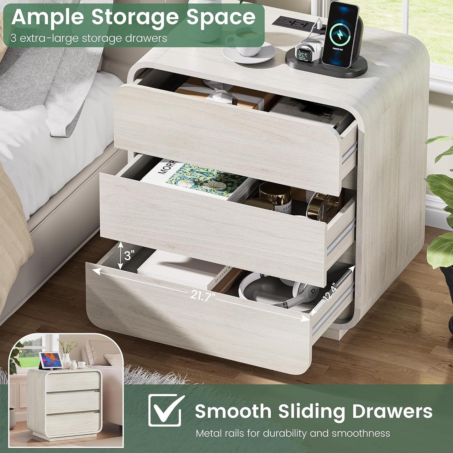 White Nightstand Set of 2 with Charging Station, 23.2" Wide Wood Night Stand, Modern Bedside Table with 3 Storage Drawers, Curved Profile, Mid Century End Table for Bedroom Office