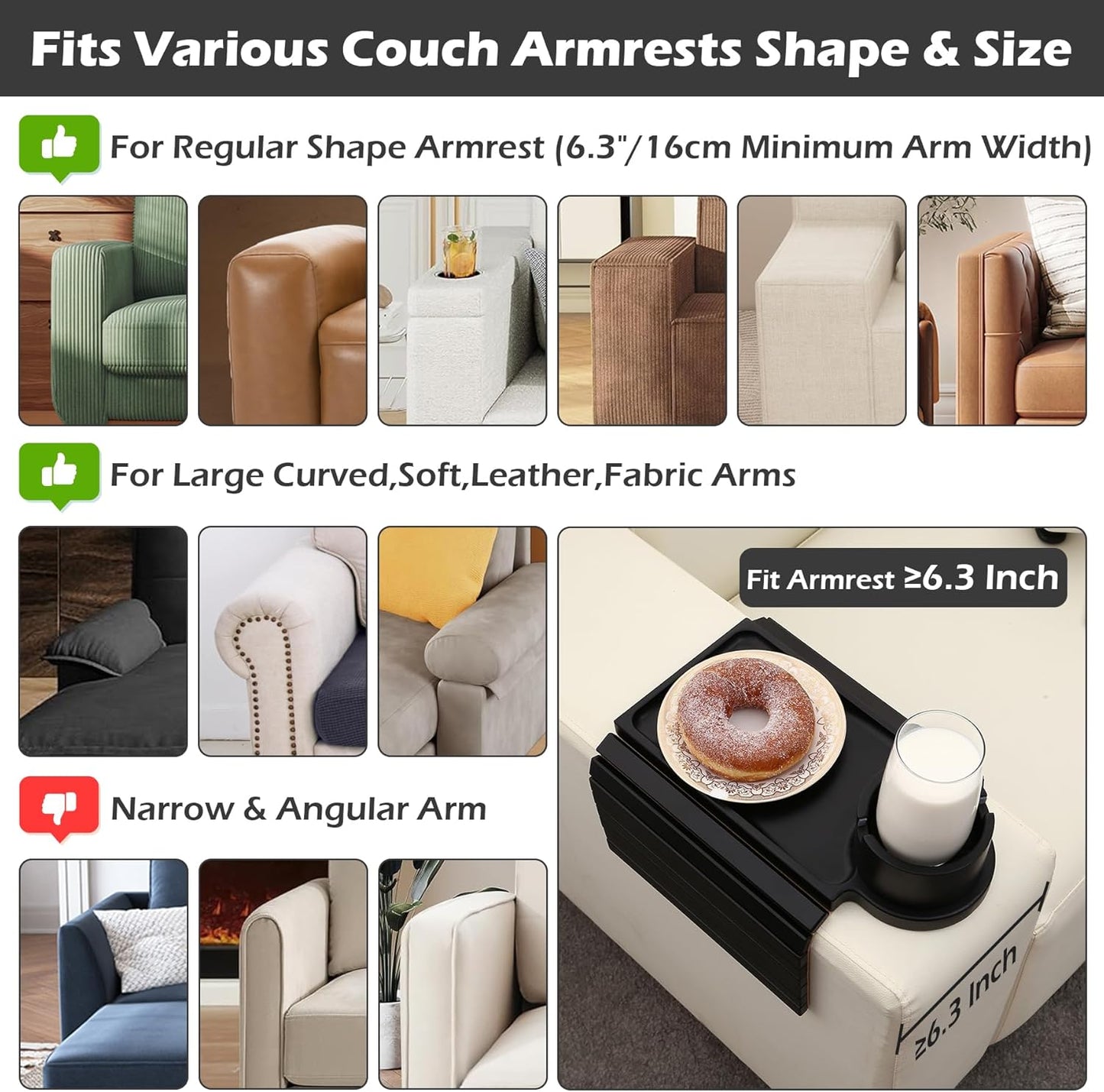 Couch Cup Holder Tray, 3 in 1 Large Couch Arm Trays,Bamboo Chair Clip on Tray with 360° Ratated Phone Holder for Couch,Armrest Tray for Snacks,Remote,Phone