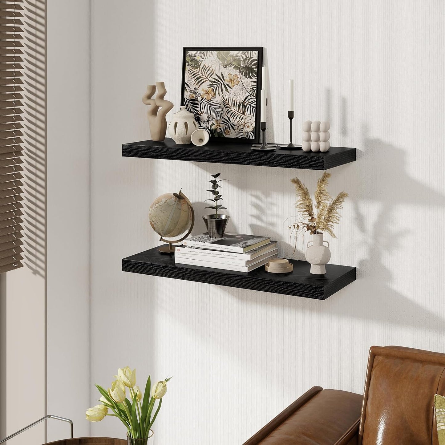 Black Floating Shelves for Wall, 27.5 Inch Bathroom Shelves Set of 2, Rustic Wood Wall Shelf with Invisible Brackets for Books|Storage|Decor, 8 Inch Deep Floating Shelf for Bedroom|Kitchen