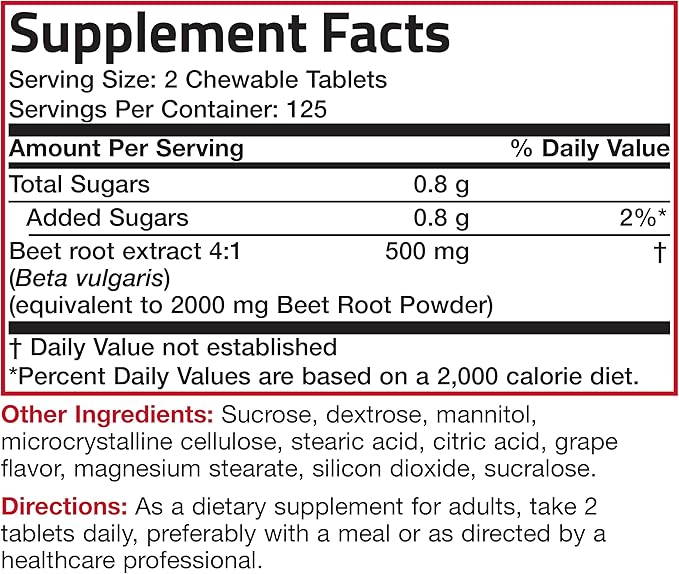 Bronson Beet Root Chewables 2000 MG, Grape Flavored - Extra Strength 2000 MG Per Serving Circulation Support Heart Health & Stamina, Non-GMO, 250 Vegetarian Grape Flavored Chewable Tablets