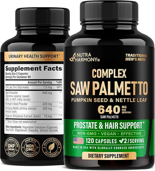 Saw Palmetto for Men 640mg - Pumpkin Seed | Nettle | Zinc & Pygeum - Prostate Health & Urinary Supplement - DHT Blocking & Hair Support - 45% Fatty Acids, Clinical Strength - Made in USA, 120 Capsules