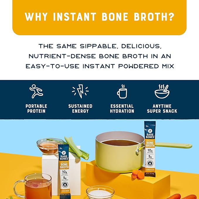 Bare Bones Chicken Bone Broth Instant Powdered Mix | Rich Savory Packets on-the-Go No Artificial Flavors | Keto & Paleo Friendly | 10g Protein | 32 Pack