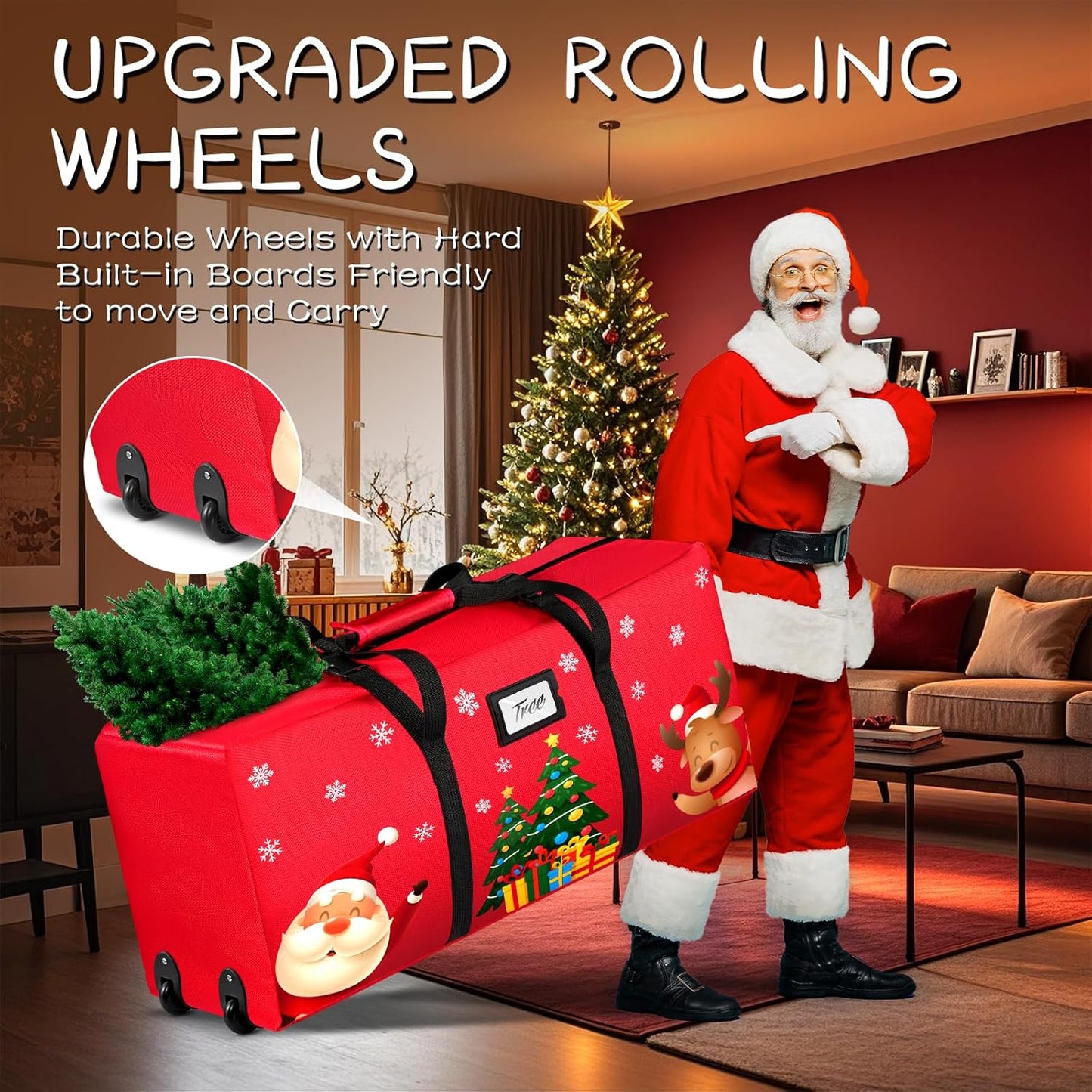 Christmas Tree Storage Bag, Fits Up to 9Ft Xmas Disassembled Tree, Heavy Duty 600D Oxford Christmas Tree Bag Storage Box with Rolling Wheels & Handles, Large Tree Bags for Storage (Red)
