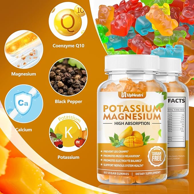 Potassium Magnesium Supplement for Adults Kids, Sugar-Free Potassium Gummies Supports Leg Cramps & Muscle & Immune Health, Non-GMO Vegan Magnesium Glycinate Gummies Mango Flavor 120 Count