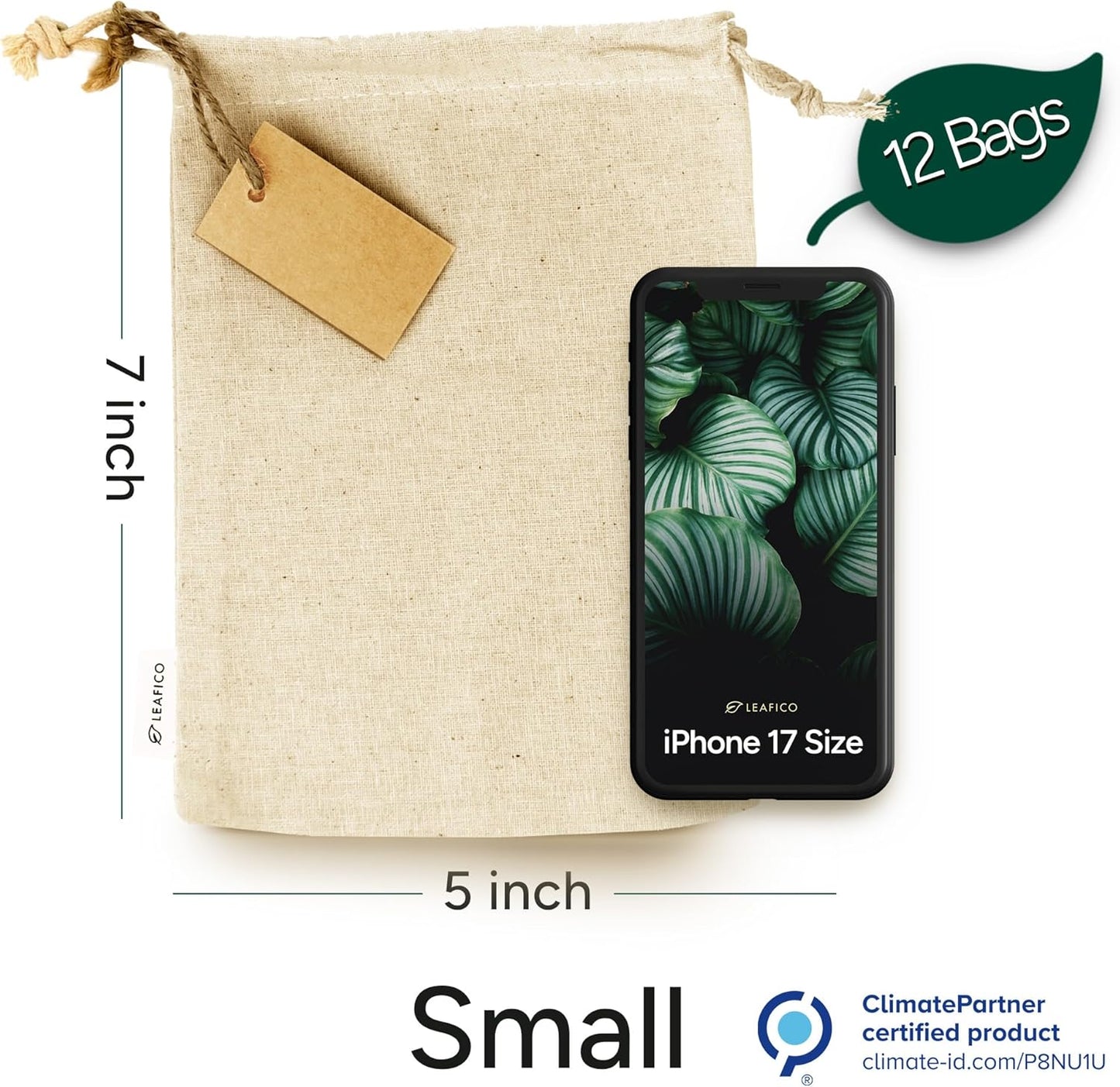 LEAFICO Organic Cotton Reusable Produce Bags - Small 5x7 (12 Pack) - Biodegradable Eco-Friendly Bulk Bin Sacks for Food - Cloth Bags with Drawstrings - Linen Pouch for Fruit, Vegetable Storage