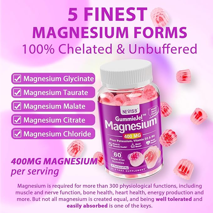 Sugar-Free Magnesium Gummies 400mg | 5-in-1 Complex Magnesium: Glycinate, Citrate, Malate, Chloride & Taurate | with Ashwagandha, Vitamin D3 & Zinc | Muscle, Mood & Energy Support | Vegan, 2-Pack