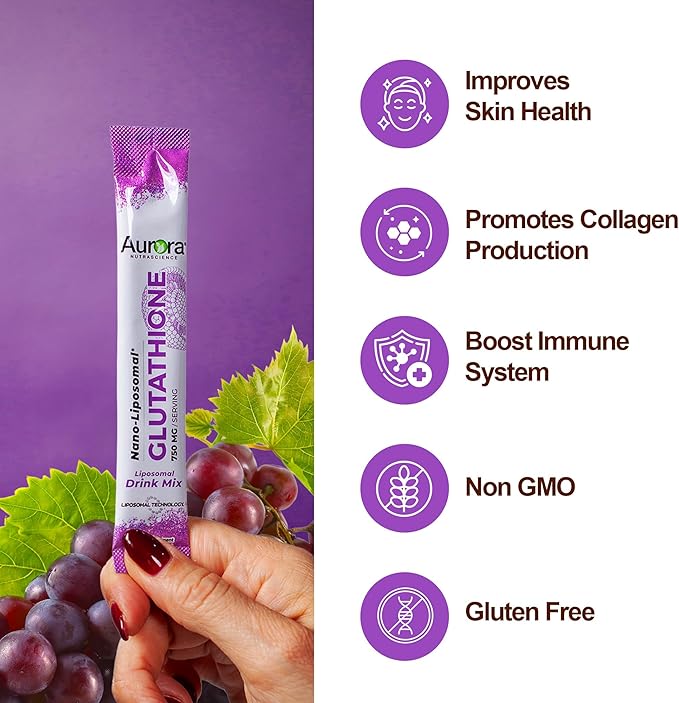 Aurora Nutrascience Nano-Liposomal Glutathione, Grape Powdered Drink Mix Immune & Antioxidant Gut Health Support Supplement, 750 mg per Serving, Non-GMO, Sugar-Free, 30 Single Serve Packets