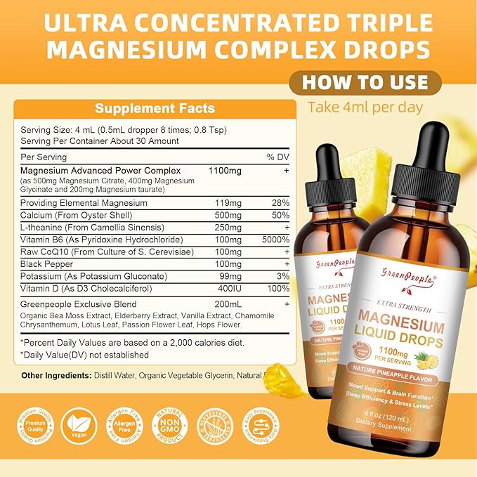 Magnesium Glycinate Liquid Drop - 17-in-1 4Fl. Oz Triple Magnesium Complex Supplement with Glycinate 400mg & Citrate 500mg Taurate/L-Theanine for Calm Mood/Muscle/Sleep,Pineapple Flavor