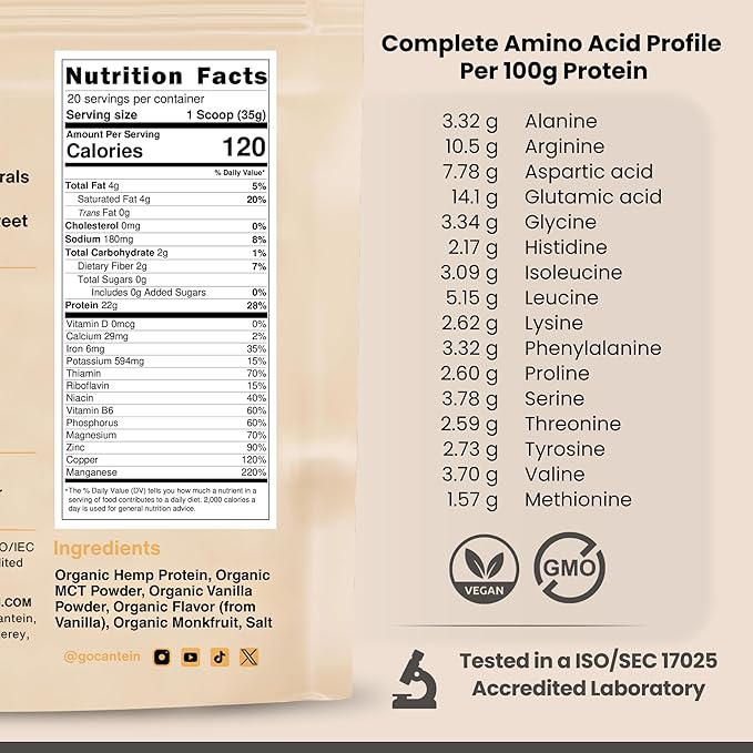 Organic Hemp Protein Powder, Plant Based and Vegan Protein Shake, Lactose and Dairy Free, Gluten Free, Clean and Natural- Vanilla (20 Servings)