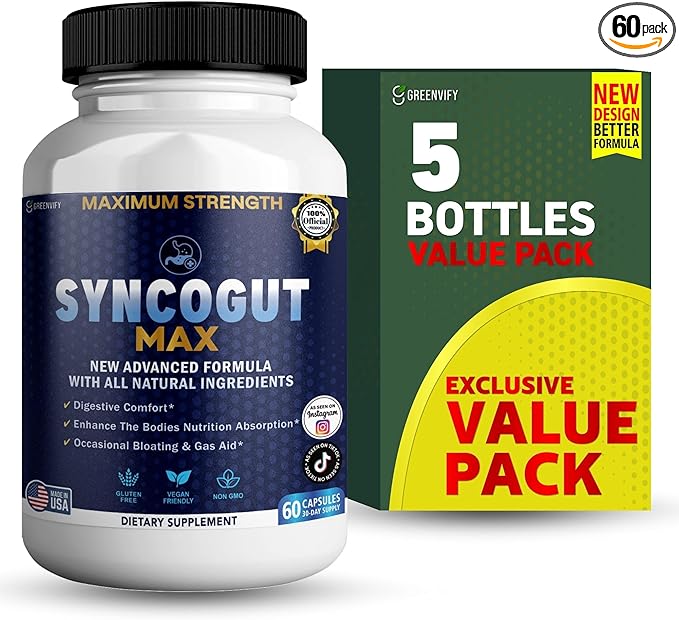 SyncoGut Max Digestive Enzyme Supplement, 60 Veggie Capsules, Natural Formula with Probiotics and Enzymes for Digestive Support (5)