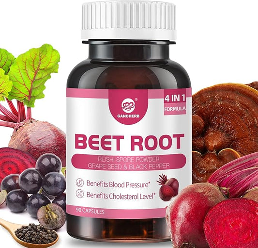 Beet Root Capsules 24000mg with Grape Seed Extract, Beetroot Supplement 4 in 1 with Reishi Mushroom, Black Pepper to Support Circulation, 90 Rapid Release Capsules