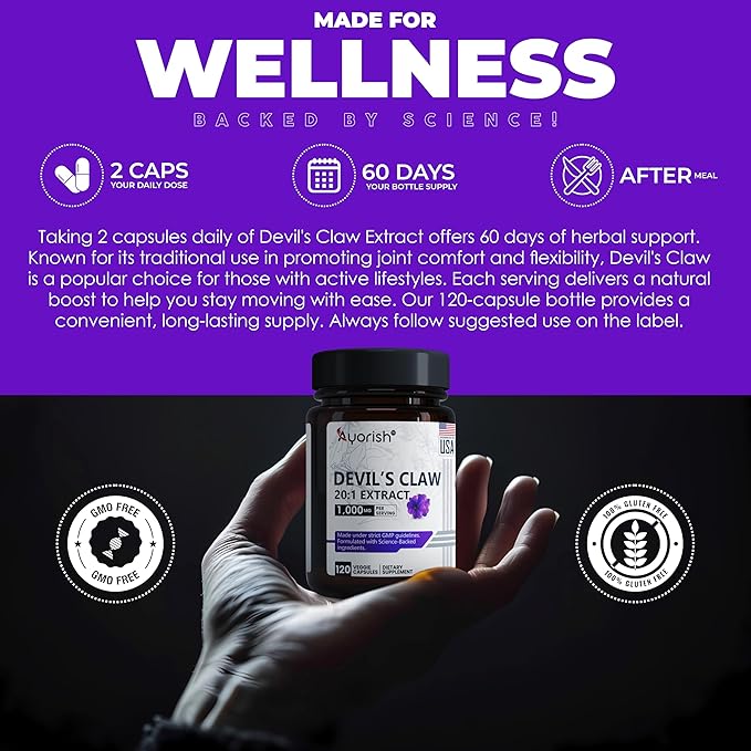 Devils Claw 1000mg | 120 Capsules | 20:1 Concentrated Root Extract | Devils Claw Herbal Supplement | Non-GMO, Gluten Free Supplement