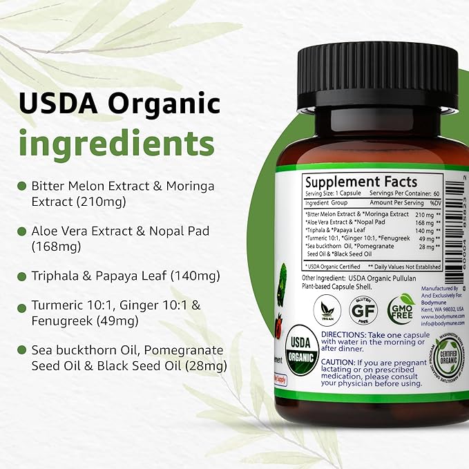 USDA Organic Blood Sugar Blend | Supports Healthy Metabolism* | with Bitter Melon, Moringa, Aloe Vera, Nopal, Papaya Extracts & More | 30-Day Supply | Vegan & Non-GMO | USA-Made