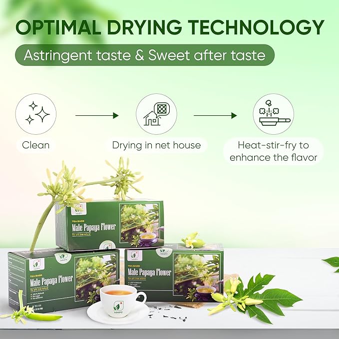NMPT Dried Papaya Flower Tea, Mixed Bag, Carica Papaya Flower & Celastrus Hindsii Tea, Organic Herbal Tea, 30 Count, Gluten Free, Dairy Free, Sugar Free, Energy Boost & Health Support