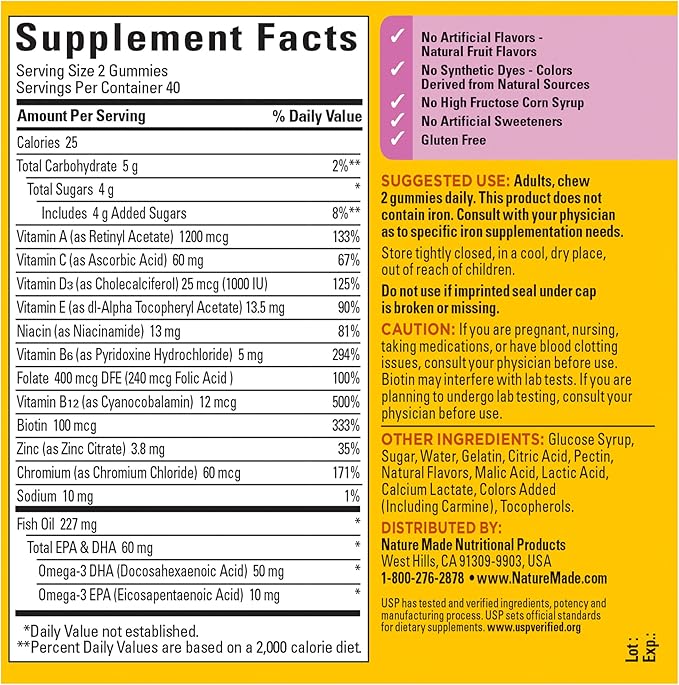 Nature Made Womens Gummy Multivitamins with Omega-3, Multivitamin for Women for Daily Nutritional Support, 80 Gummies, 40 Day Supply